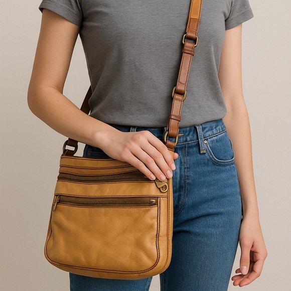 Fossil Handbags - Fossil Vintage Leather Crossbody Bag Tan Adjustable Strap Multi-Zip Pockets
